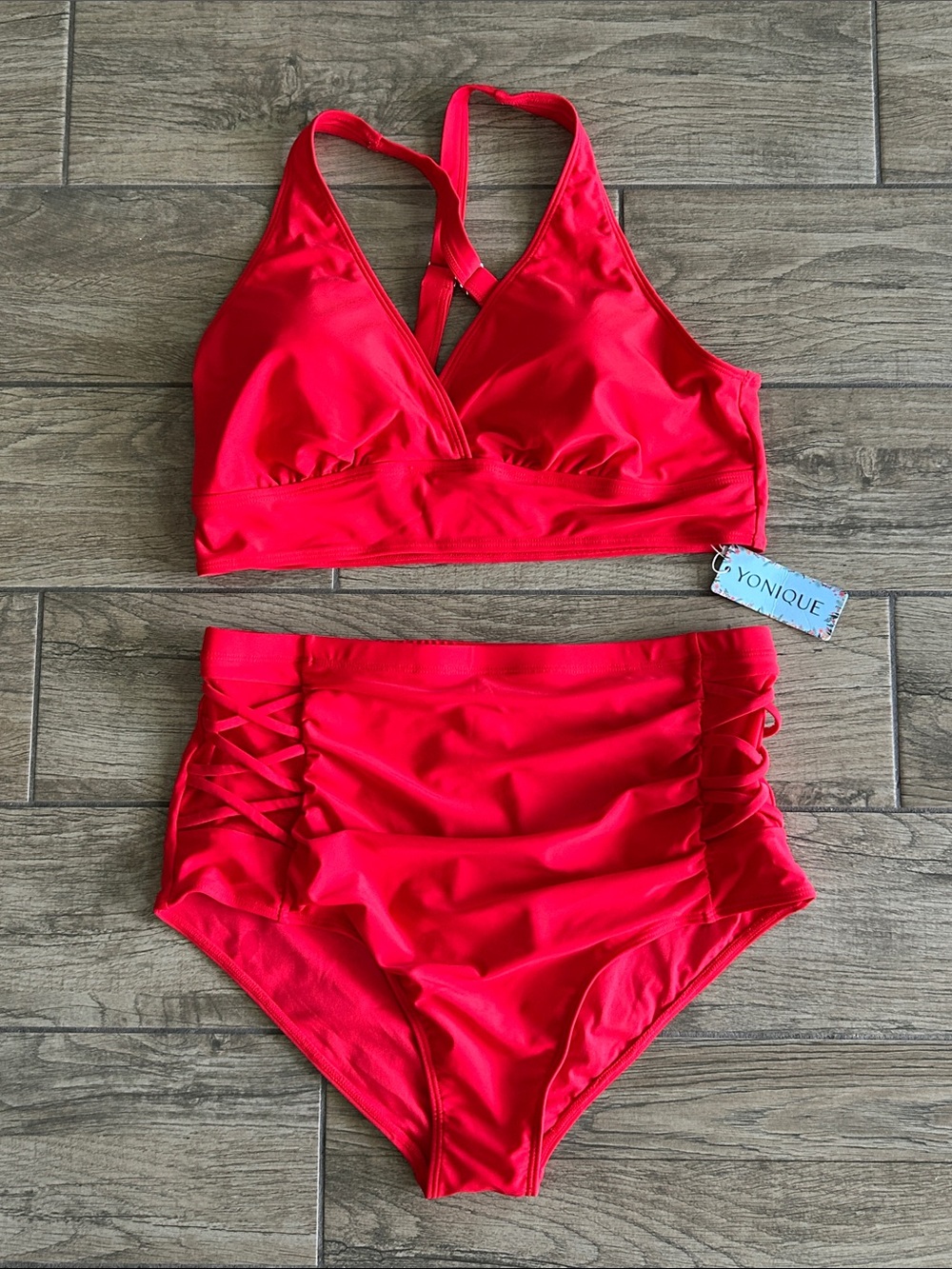 NWT..Vibrant Red High-Waist Bikini Set